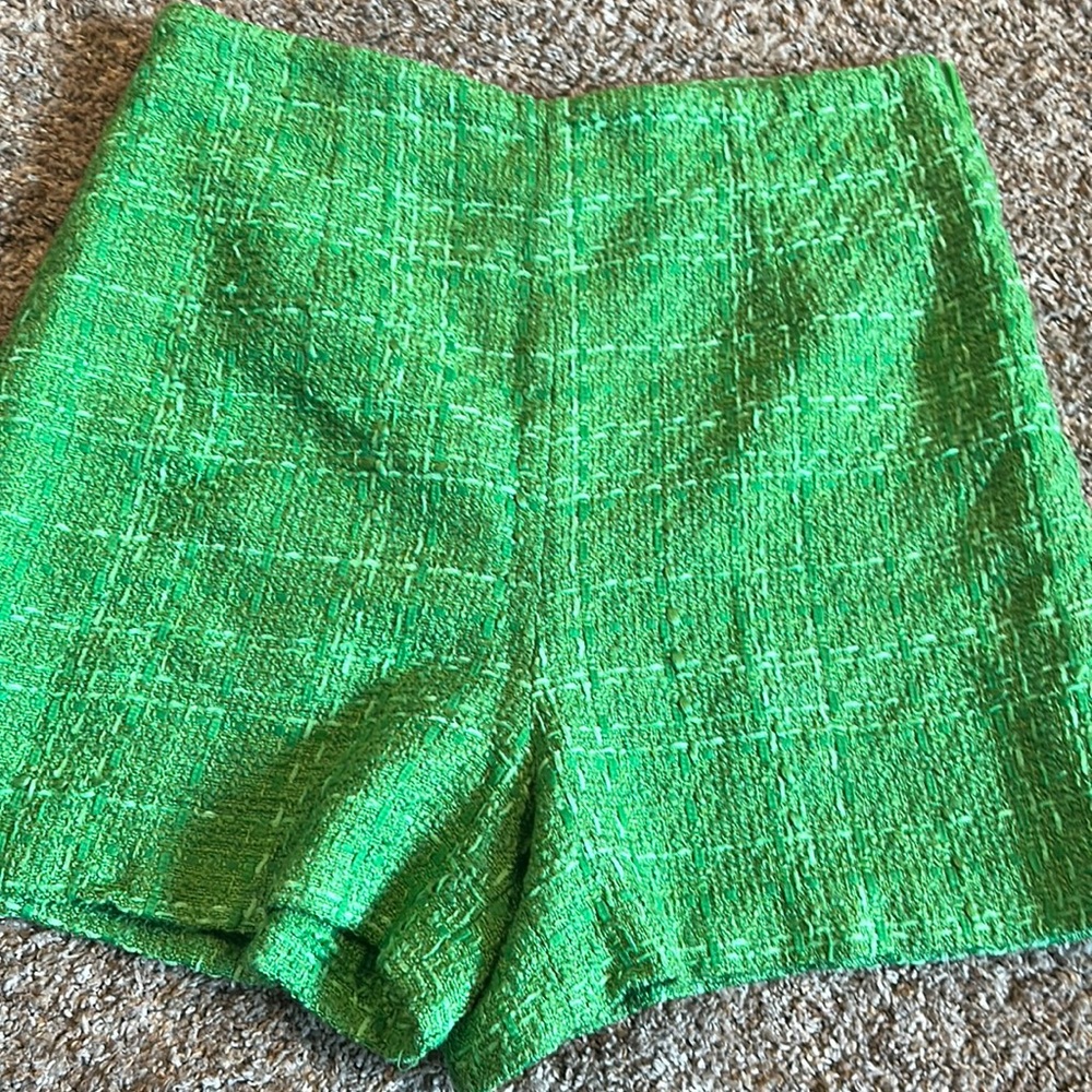 Zara Green Tweed High-Waist Shorts